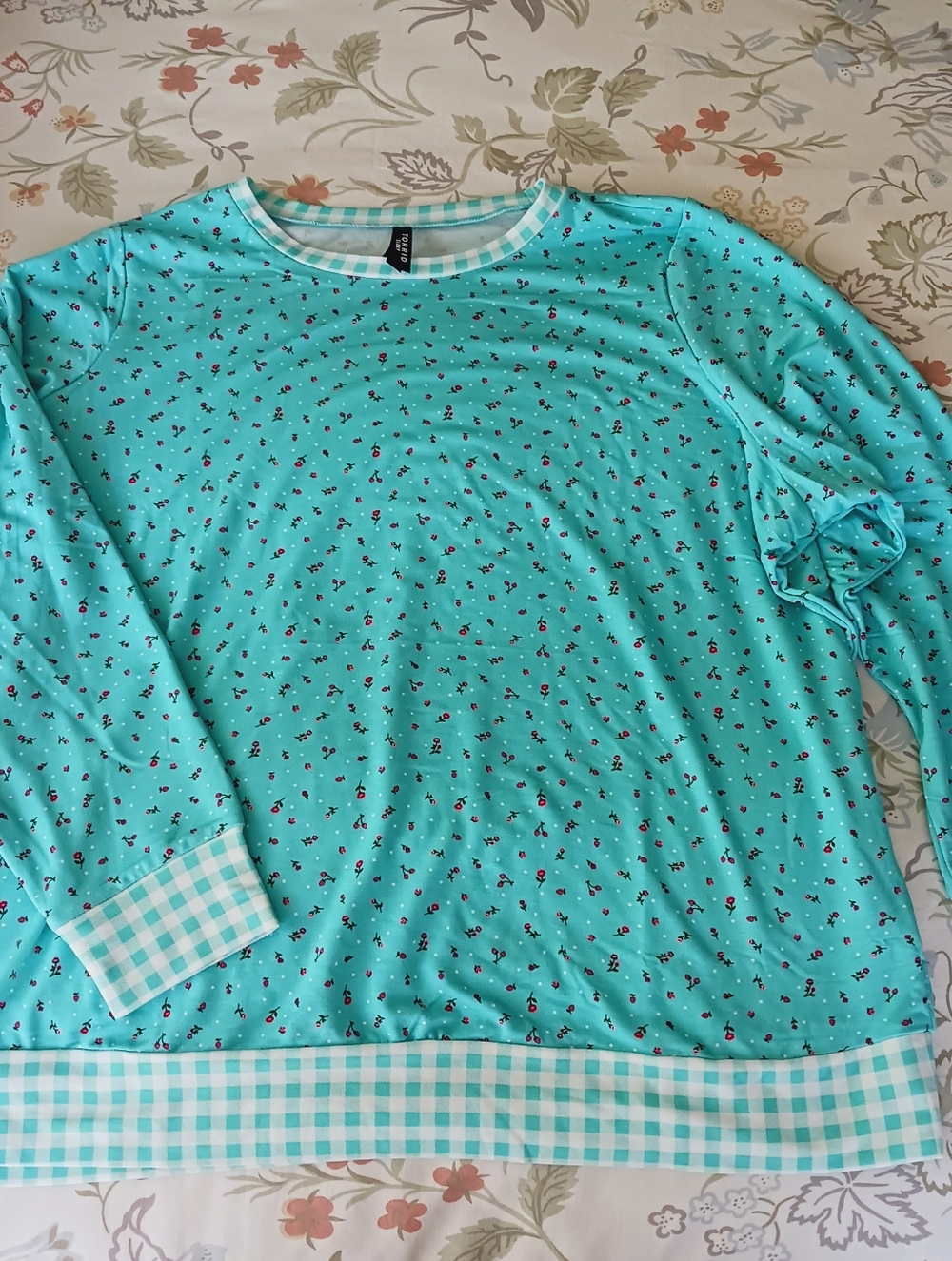 NWT Torrid Aqua Floral & Gingham Two-Piece Pajama Set - Picture 3 of 6